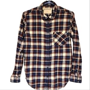 Garage Cozycore Button Down Shirt Plaid Flannel Oversized Casual Blue Cotton EUC